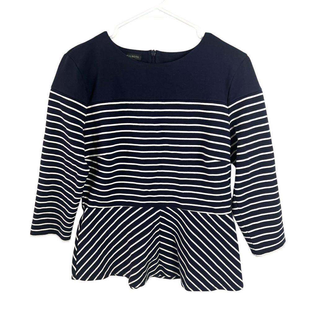 Talbots Navy White Stripe Peplum Top‎ size Medium